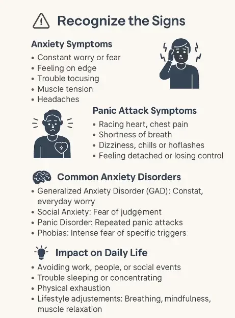 Infographic showing key symptoms of anxiety and panic attacks, types of anxiety disorders
