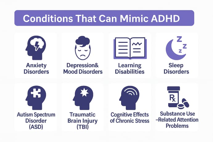 Infographic showing conditions that can mimic ADHD, including anxiety disorders, depression