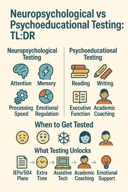 Infographic comparing neuropsychological and psychoeducational testing
