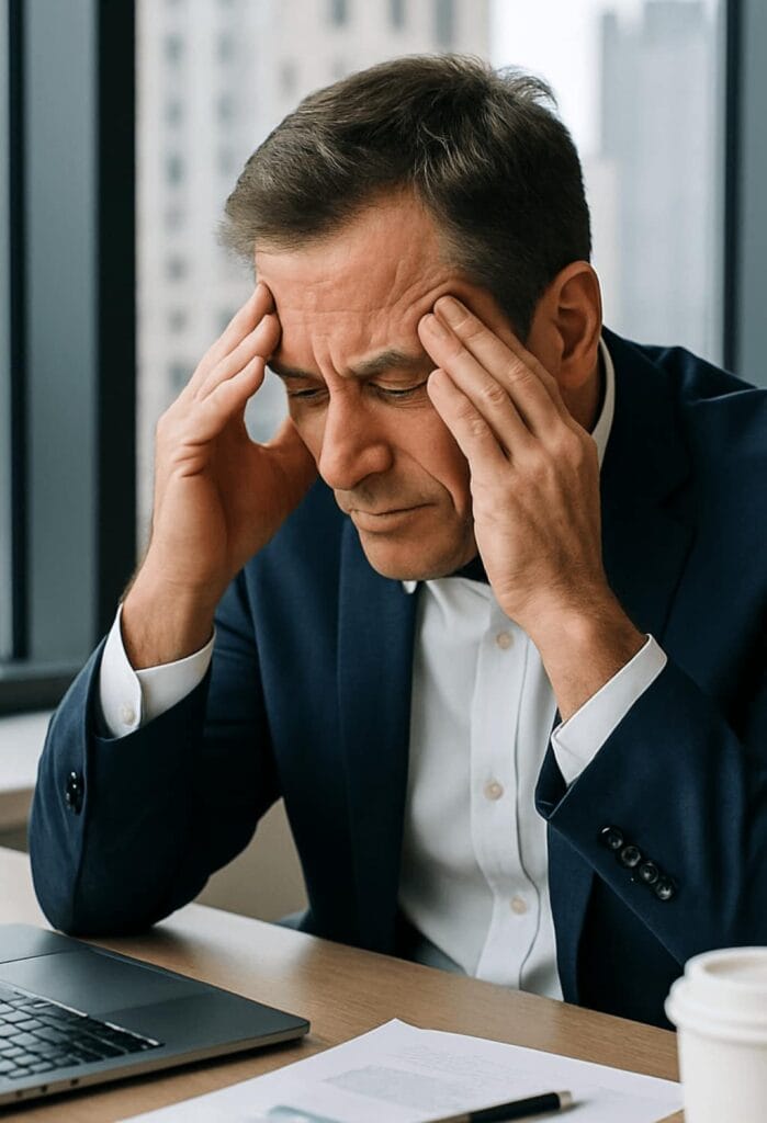Professional businessman in Midtown Manhattan office experiencing subtle anxiety, psychiatrist NYC