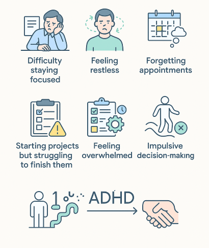 Infographic illustrating common ADHD and focus symptoms such as difficulty concentrating, restlessness, forgetfulness, and impulsivity.