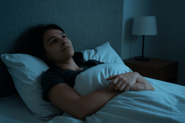 A young woman lies awake in bed at night, staring thoughtfully at the ceiling, symbolizing the sleep disturbances and physical exhaustion often experienced in depression.