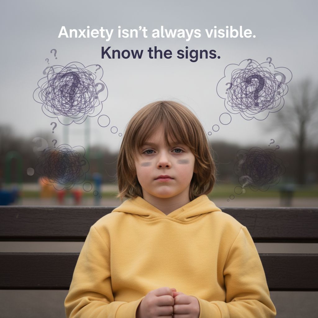 Child sitting quietly on a bench with thought bubbles representing worry, illustrating that anxiety in children is not always visible and may be internal or hidden.