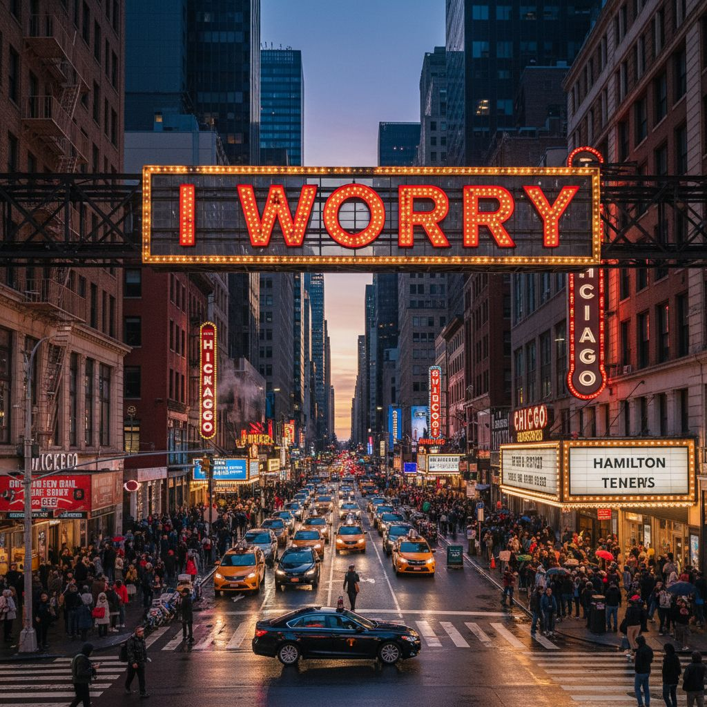 City street scene with a large illuminated sign reading “I worry,” symbolizing persistent anxiety and overwhelming thoughts that can affect children and adolescents.