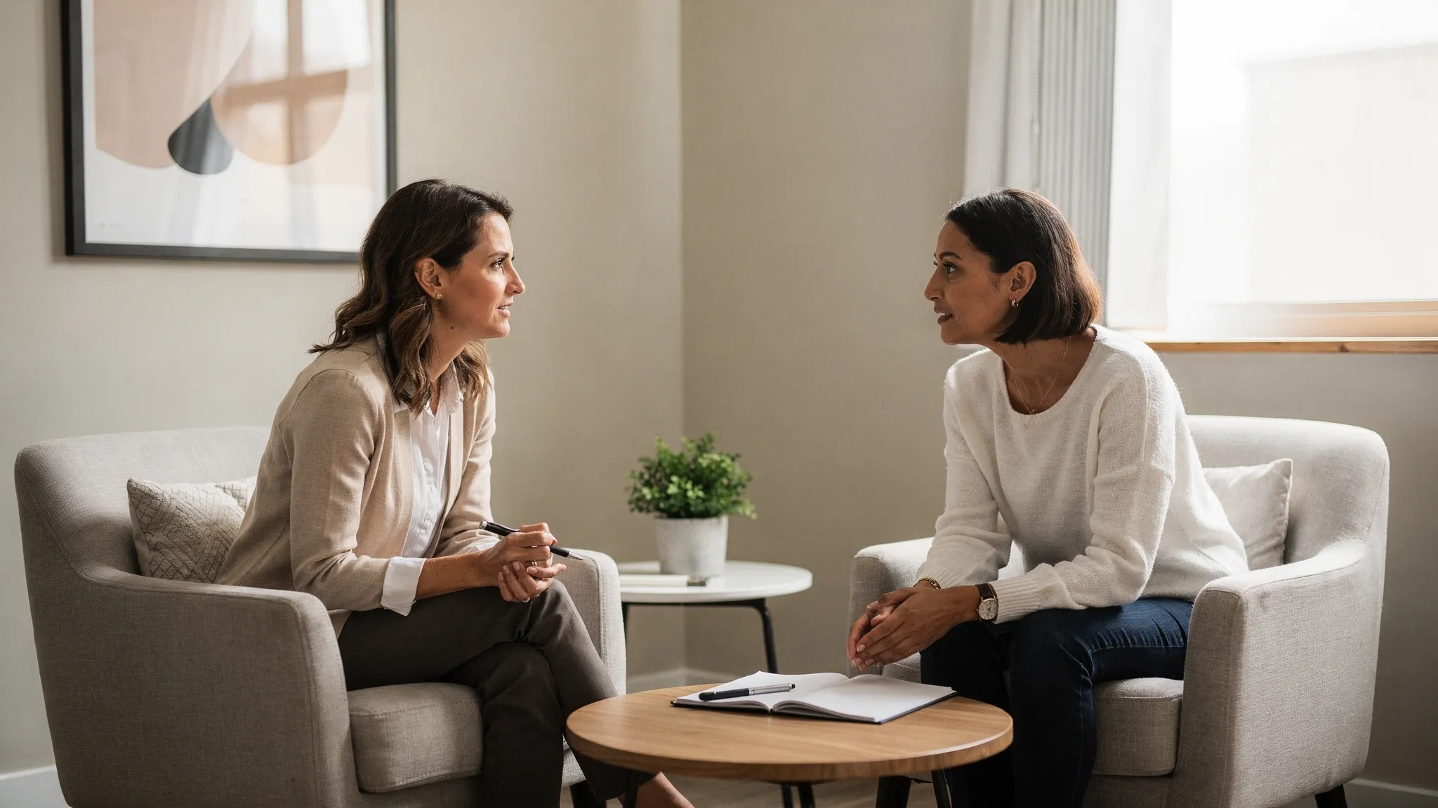 A calm therapy office setting with a clinician and patient seated in conversation, a notepad on the table, and a supportive, professional atmosphere that suggests structured treatment planning.