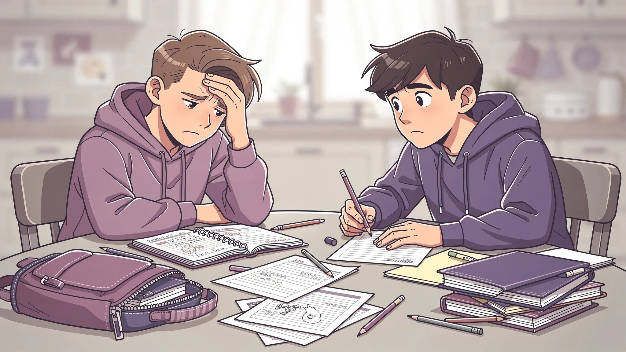 A parent and a middle school student sitting at a kitchen table with an open planner, scattered worksheets, and a backpack, showing a stressful homework moment and disorganization.
