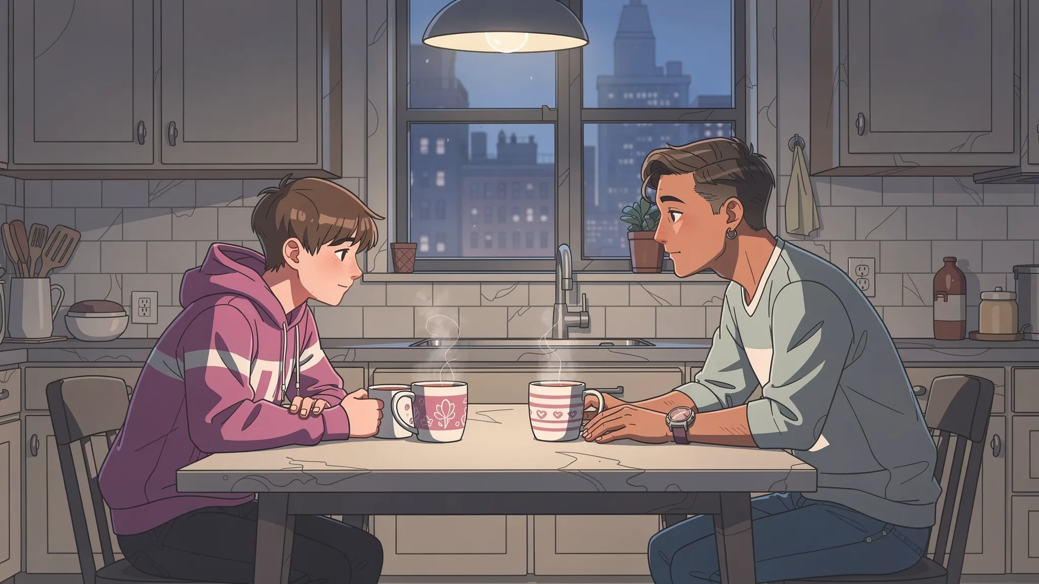 A parent and teenager sitting at a kitchen table in a NYC apartment at evening, speaking calmly with mugs of tea nearby, the teen looking slightly withdrawn while the parent listens with an open posture, conveying a supportive conversation about mental health.