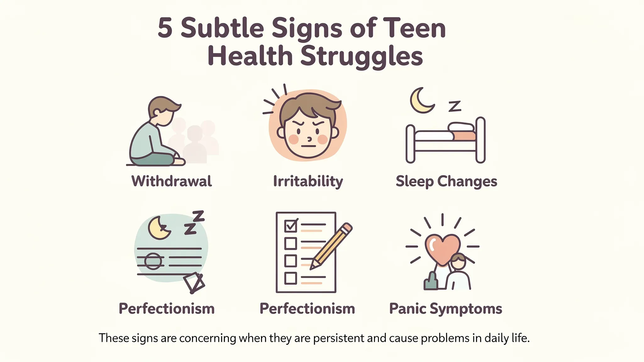 A simple infographic-style image showing five subtle teen mental health signs with icons: withdrawal, irritability, sleep changes, perfectionism, and panic symptoms, with a note that persistence and impairment are key.