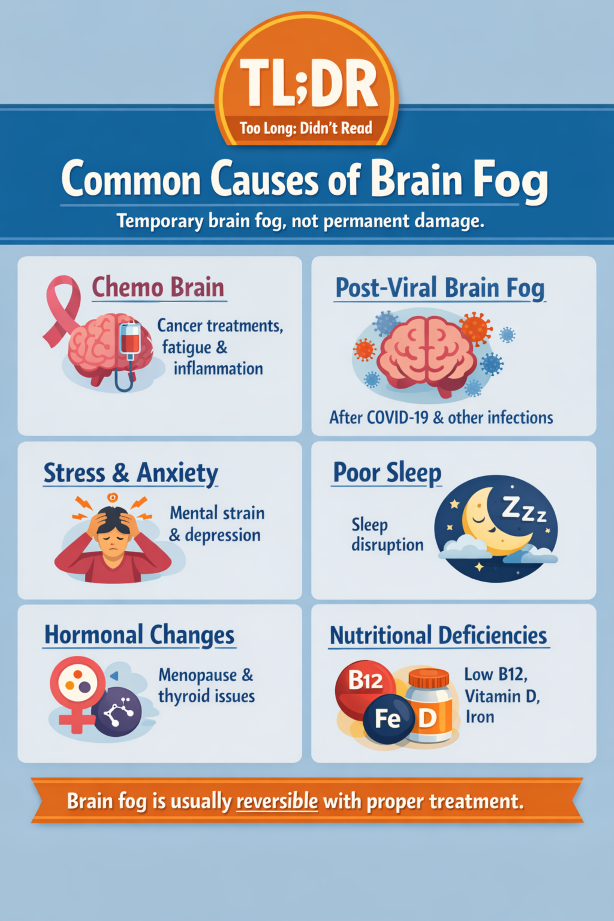 TLDR infographic showing common causes of brain fog including chemo brain, post-COVID brain fog, stress, poor sleep, hormonal changes, and vitamin deficiencies, created by Dr. Iospa Psychiatry Consulting in Midtown Manhattan near Bryant Park