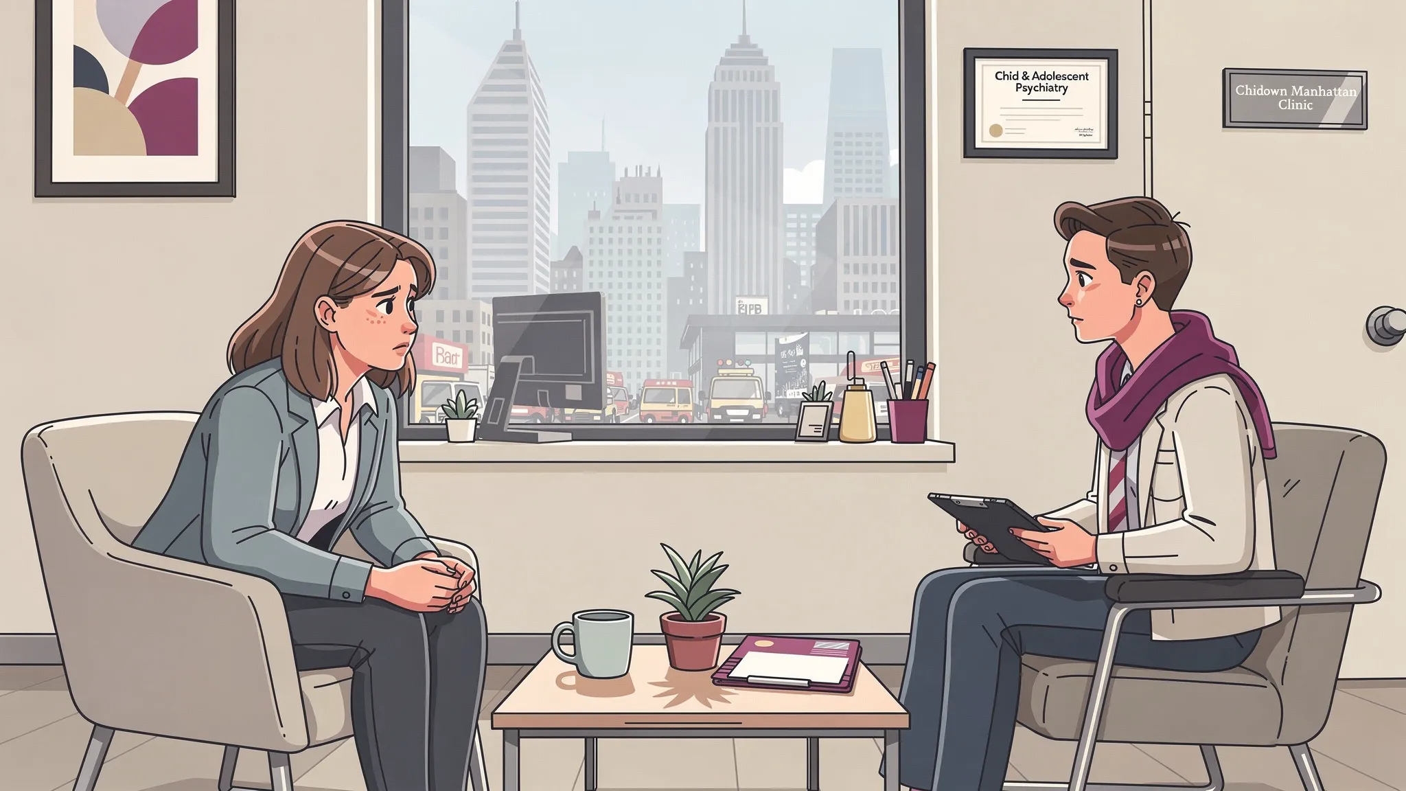 NYC parent concerned about developmental delays speaking with a child and adolescent psychiatrist in Midtown Manhattan