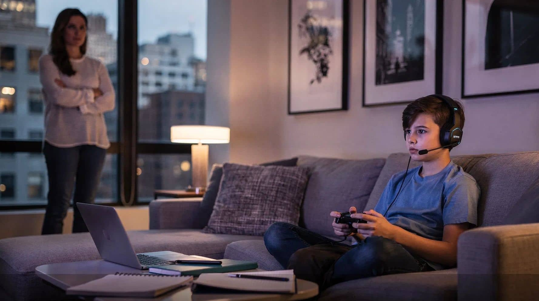 teen playing video games while parent watches with concern excessive gaming behavior