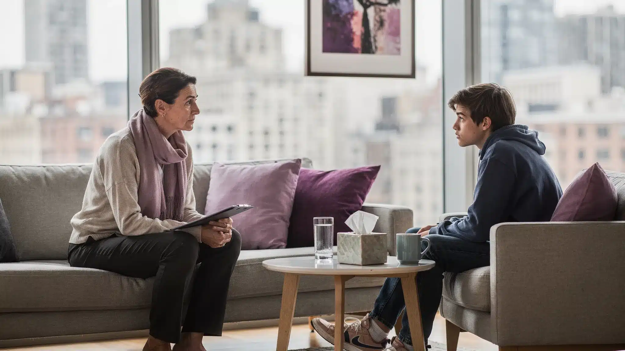 A concerned NYC parent and a teenager seated with a clinician in a calm Midtown Manhattan office setting, discussing safety, substance use, and coping strategies. The scene includes a notepad, tissues, and a supportive, professional environment.