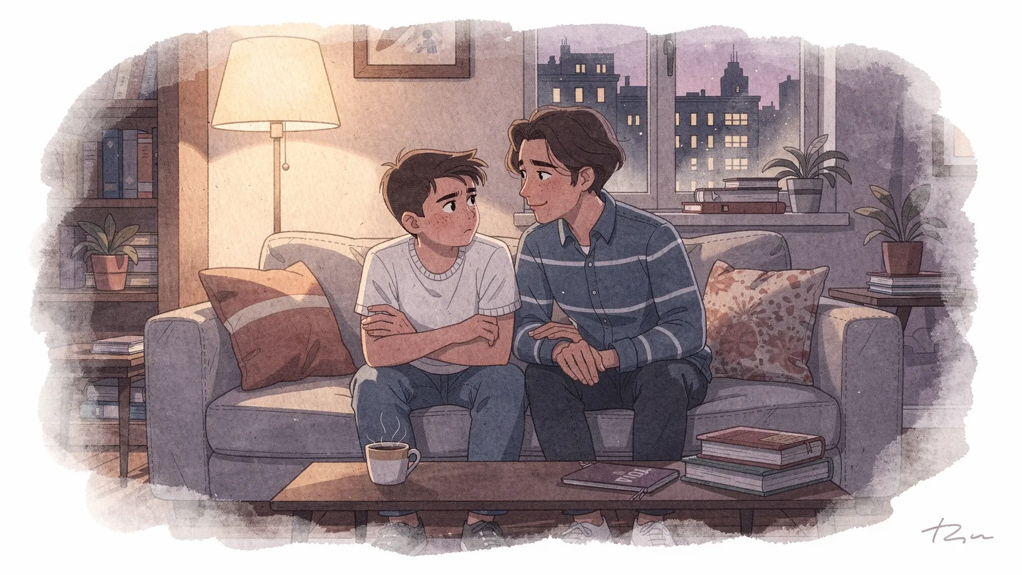 A New York City parent and teenager sitting on a couch at home in the evening, the teen looking irritable and withdrawn while the parent speaks gently and listens, showing a tense but caring family moment.