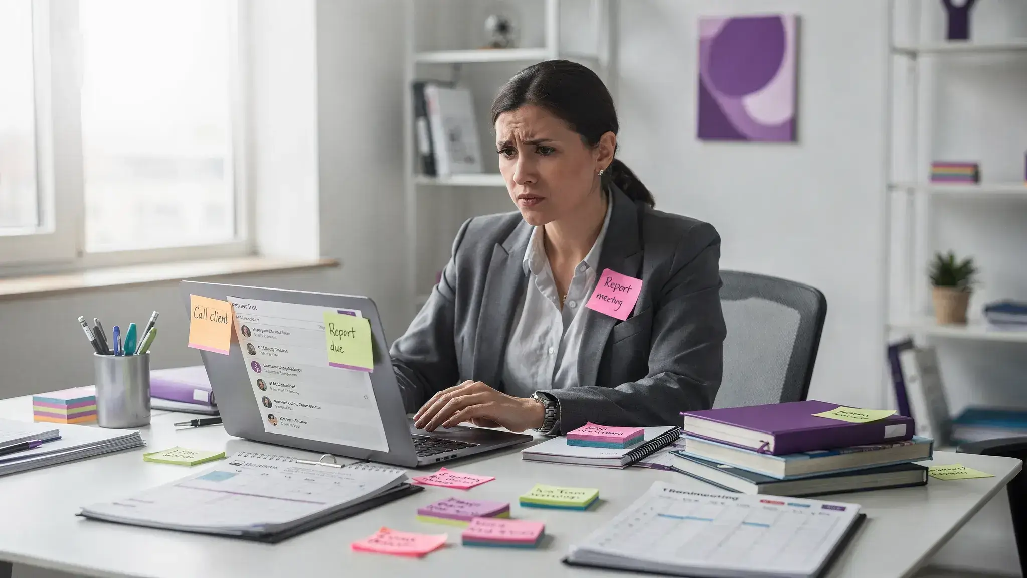 A professional woman in a modern office sits at a desk with a laptop, calendar, and multiple sticky notes and notebooks. She looks focused but overwhelmed, with an open email inbox, meeting reminders, and a to-do list visible as work materials spread across the desk.