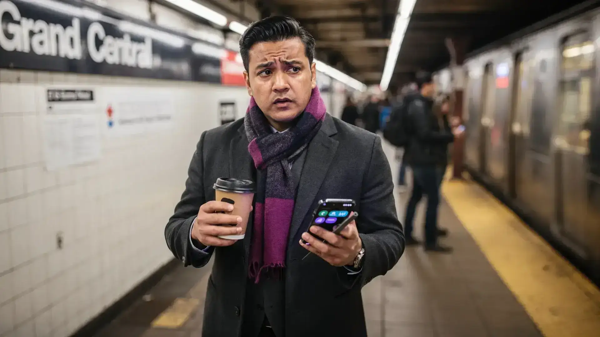 A stressed NYC professional on a subway platform near Grand Central, holding a coffee and a phone with multiple notifications, looking torn between rushing and freezing, conveying the inner experience of attention problems and anxiety.