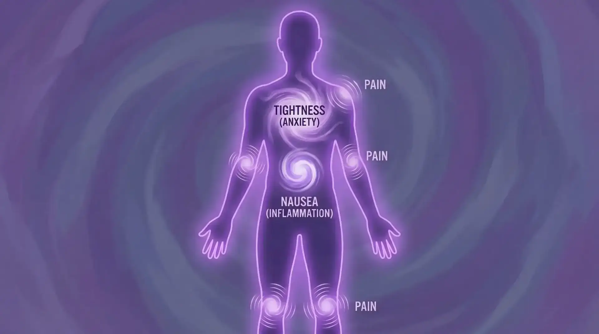 An illustration of a human silhouette with highlighted areas at the chest, gut, and joints, showing how Anxiety and Inflammation can show up as physical symptoms like tightness, nausea, and pain.
