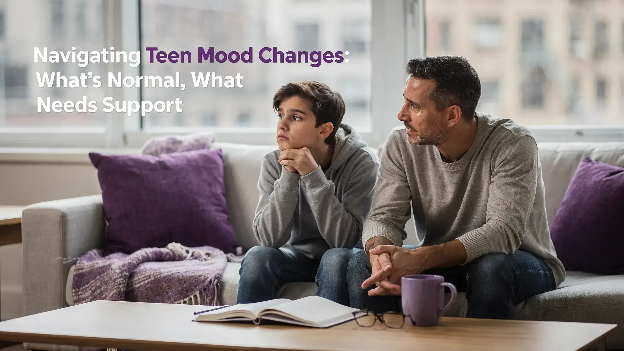 Parent and teenager having a supportive conversation about mood changes during adolescence and hormonal changes affecting teen mental health