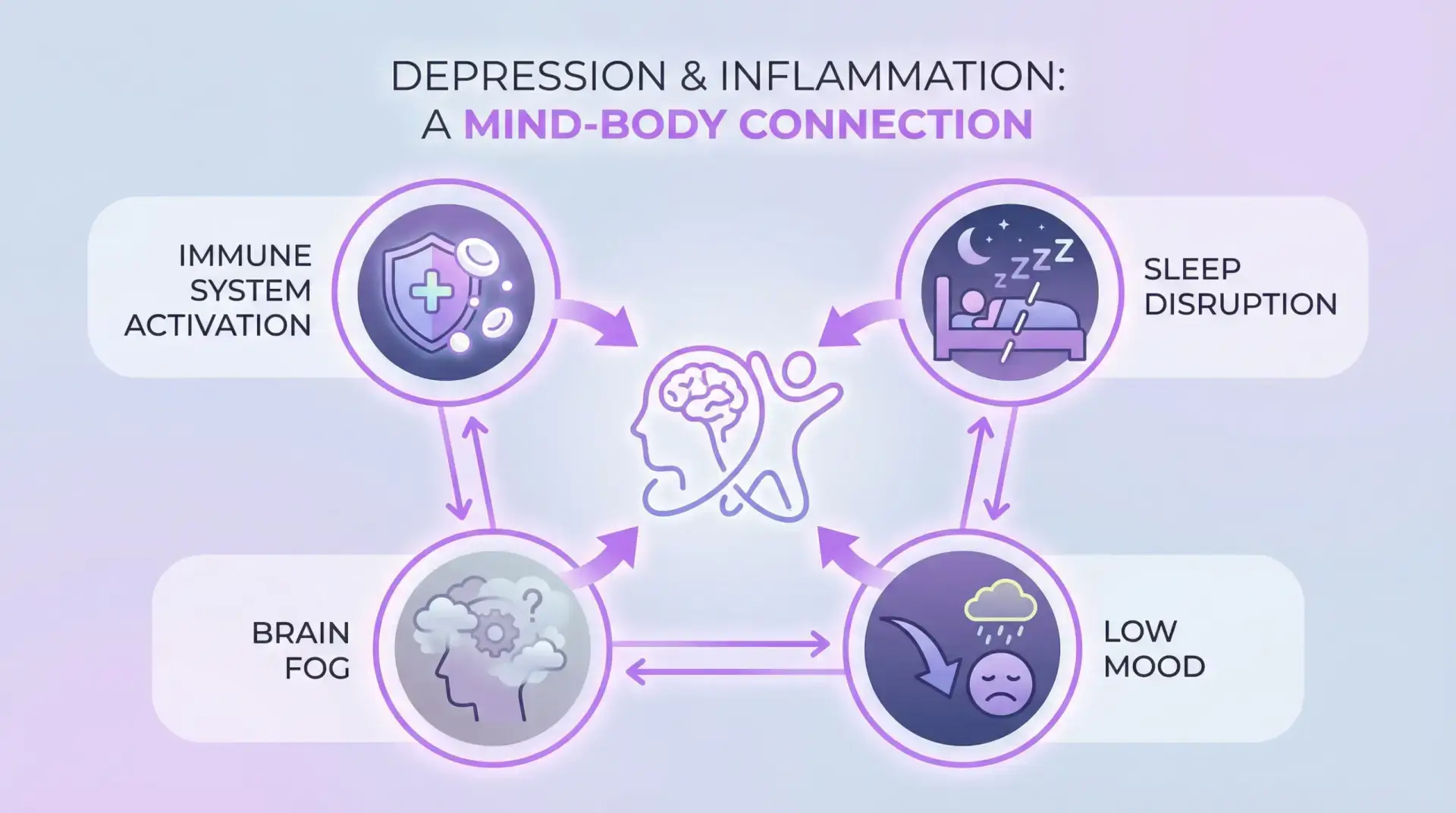 Depression and inflammation explained as a simple mind-body diagram with four connected elements: immune system activation, sleep disruption, brain fog, and low mood; clean, non-clinical icons and plain-language labels.