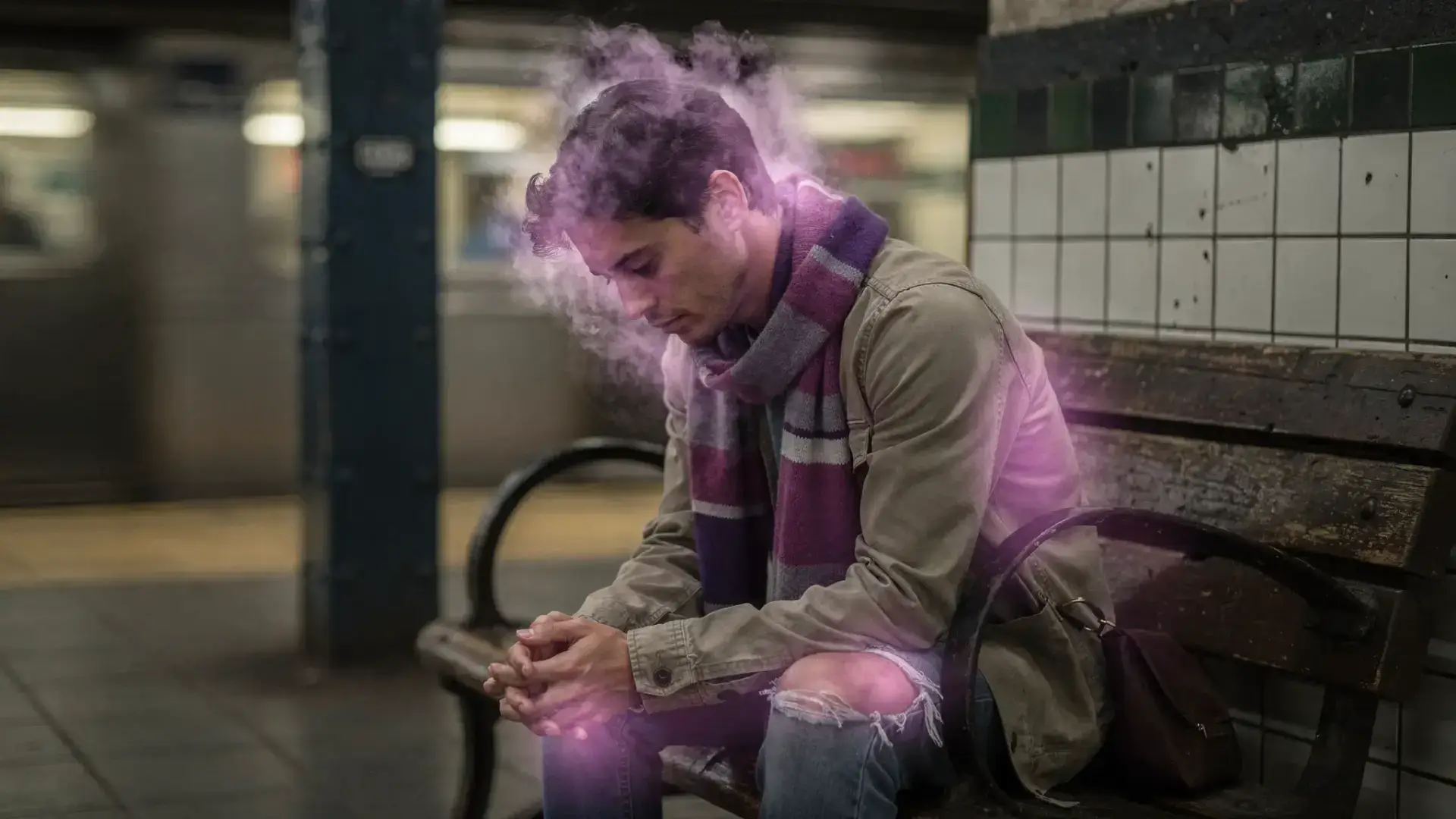 Depression and inflammation visualized as a New Yorker sitting on a subway bench, shoulders slumped, with subtle overlays of body ache points and a cloudy “brain fog” effect around the head; the scene feels real and grounded, not clinical.