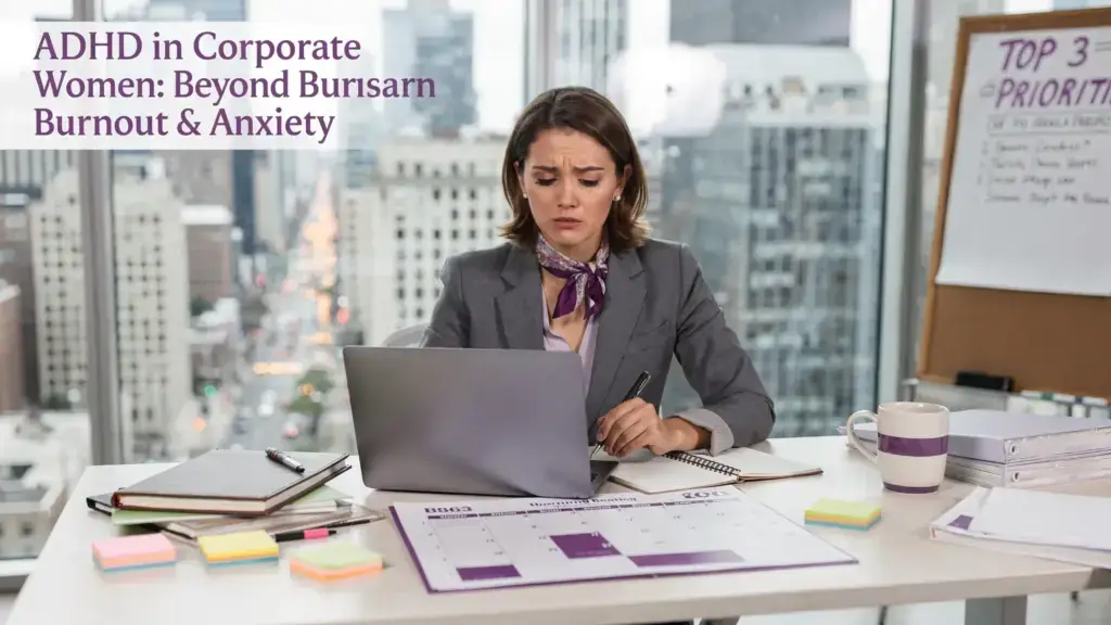 Professional woman experiencing mental overload at work, illustrating ADHD in professional women and executive function challenges in demanding careers