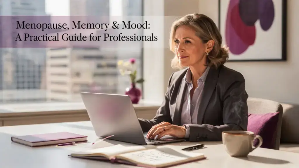 Professional woman experiencing menopause brain fog while working at a desk in New York City office