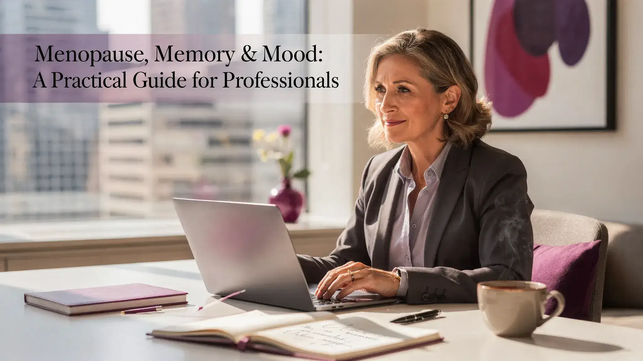 Professional woman experiencing menopause brain fog while working at a desk in New York City office