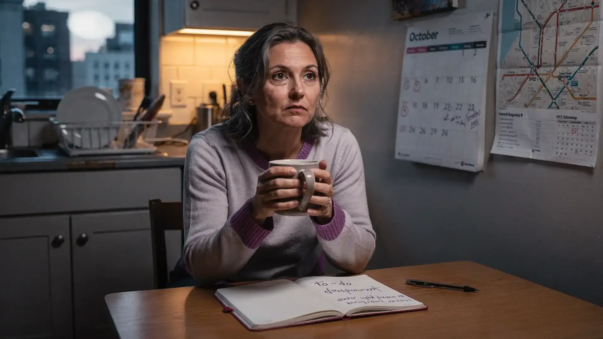 A woman in her 40s sitting at a kitchen table at dawn with a mug of tea and a notebook, looking tired but determined, with a calendar and subway map nearby to suggest NYC life. The mood conveys menopause brain fog and quiet anxiety, without showing any screens.