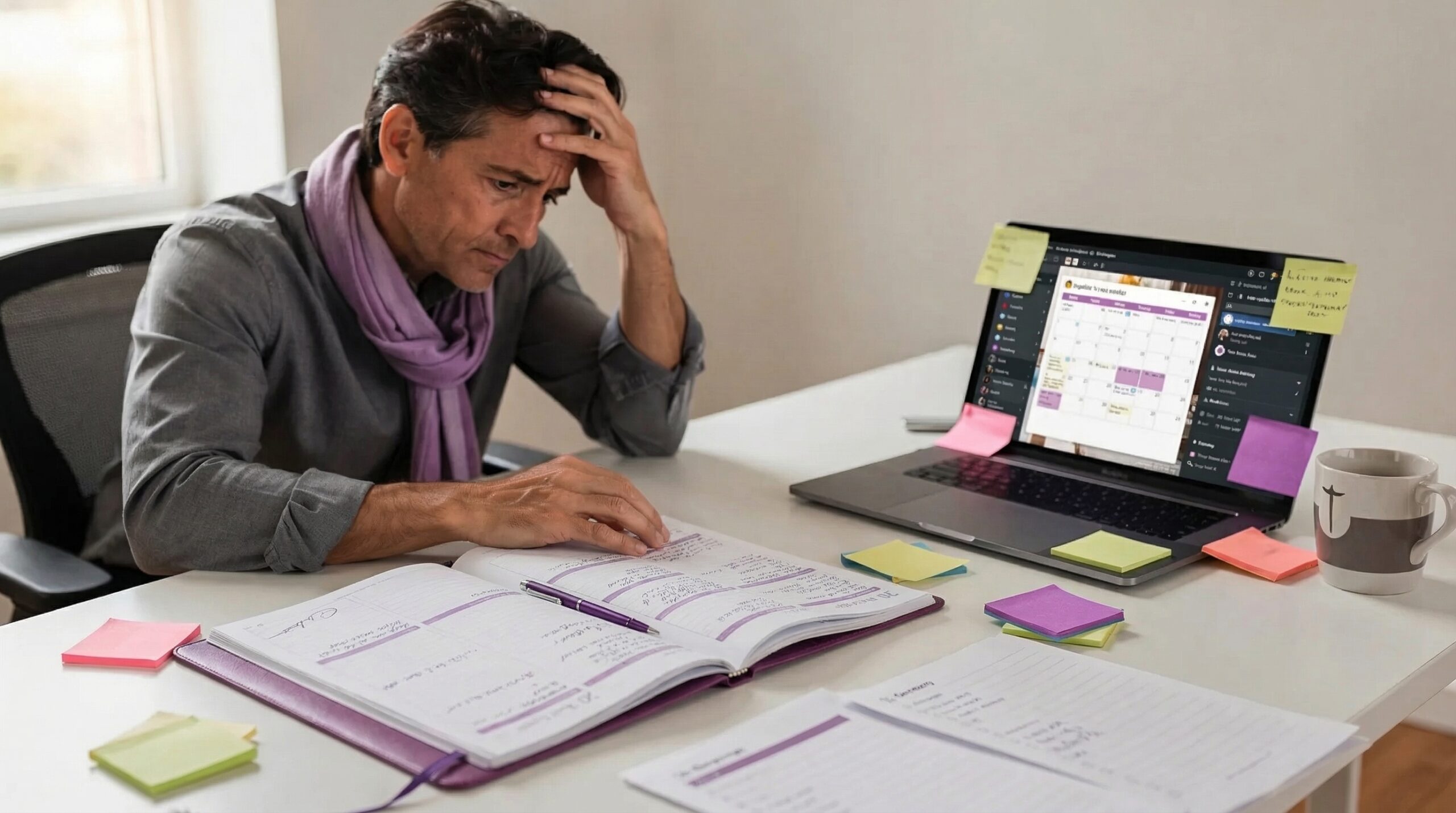 An adult professional at a desk with an open planner, sticky notes, and a laptop (screen facing the right direction), showing a mix of organization tools and visible overwhelm, suggesting executive dysfunction rather than simple worry.