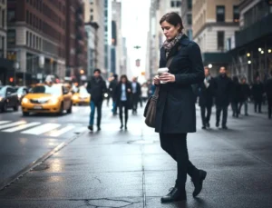 Woman in a dark coat walking alone on a busy New York City street, looking down pensively while holding a coffee cup, representing the experience of living with an unaddressed mental health condition
