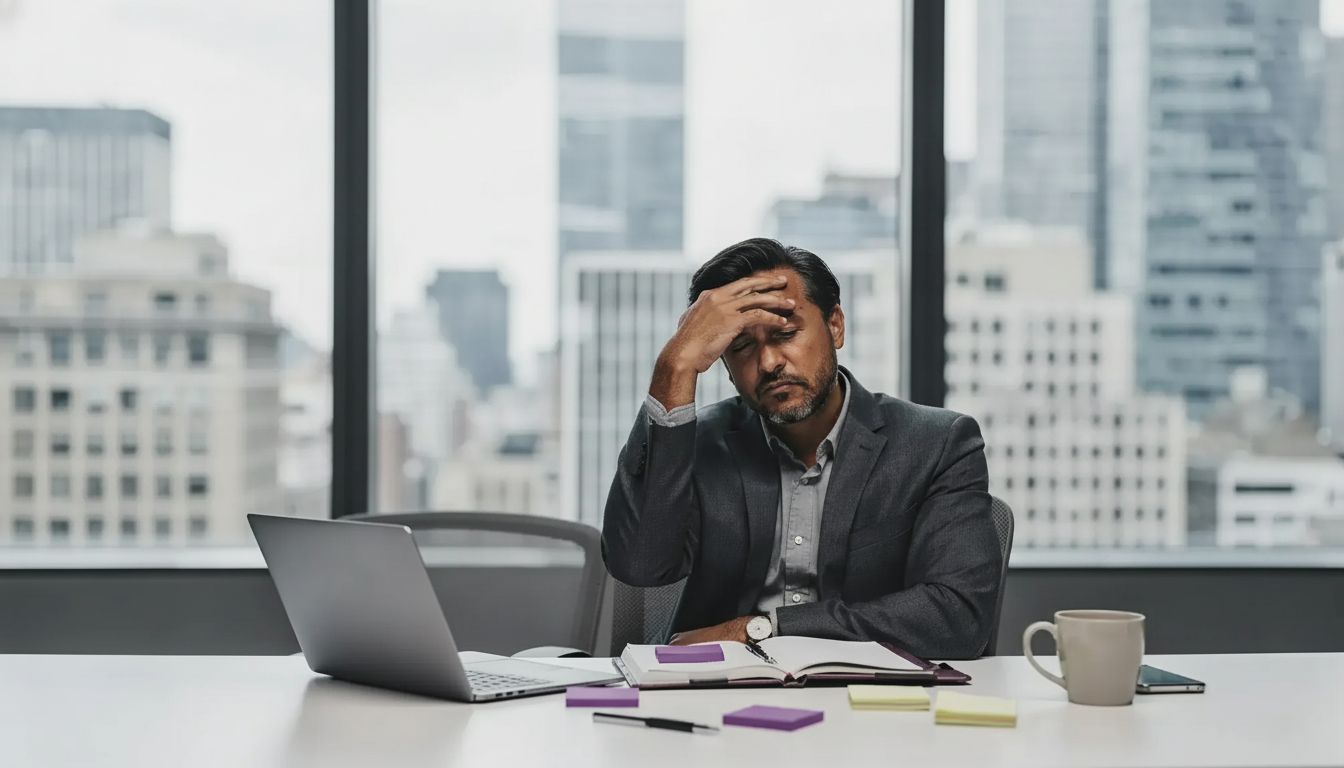 Adult professional at a desk looking overwhelmed by tasks and deadlines, illustrating executive dysfunction mistaken for anxiety