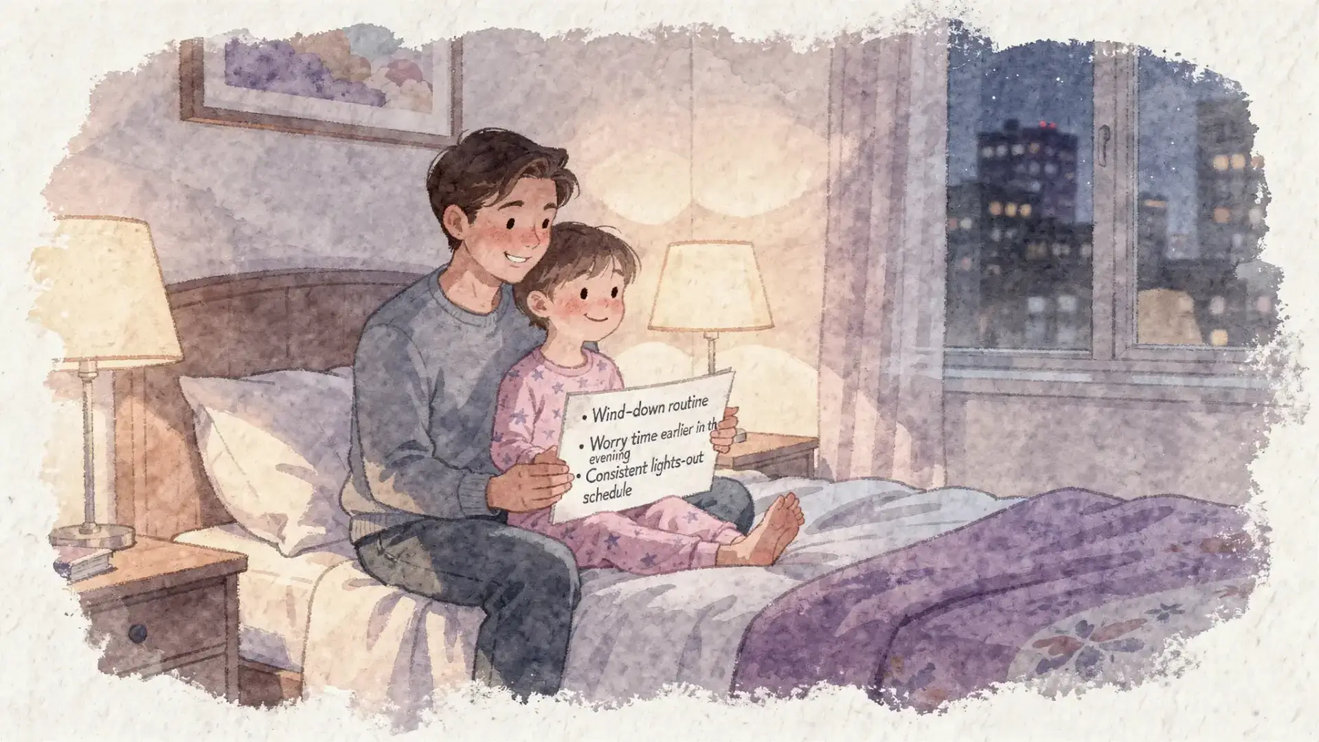 A calm NYC bedroom scene with a parent and child reviewing a simple bedtime plan on paper (no screens visible), including a wind-down routine, worry time earlier in the evening, and a consistent lights-out schedule.