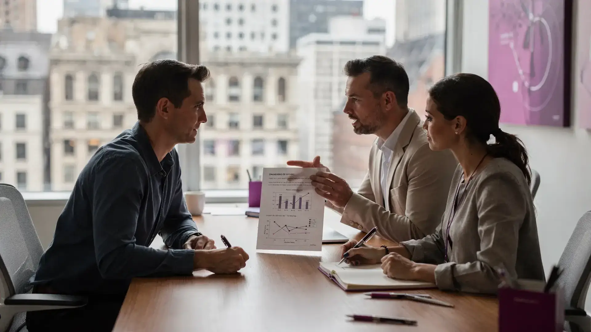 A patient sitting with a clinician reviewing a neuropsychological report in a calm Midtown Manhattan office setting, with a printed report, a pen, and a notepad on the desk. The clinician gestures to a simple chart in the report while the patient takes notes.