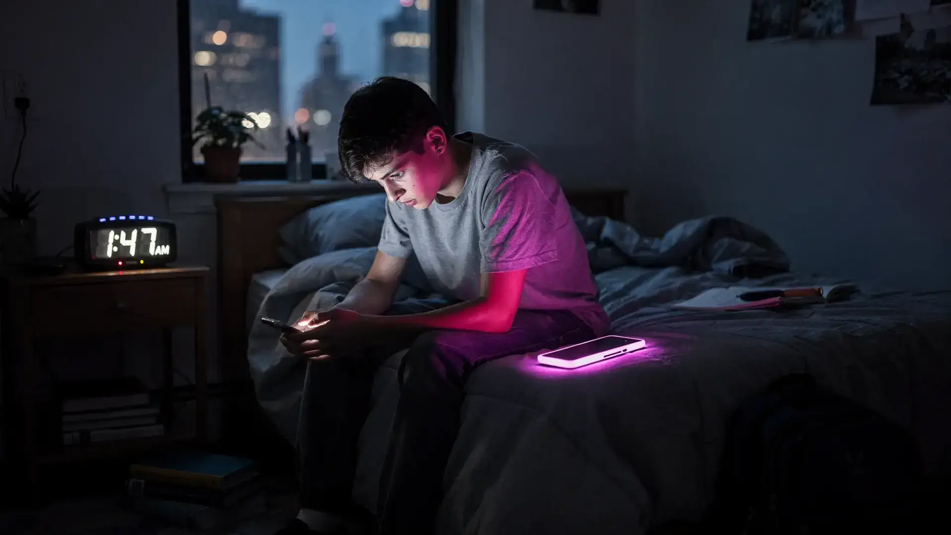 A tired NYC teenager sits on the edge of a bed at night, looking overwhelmed, with a glowing phone nearby and a clock showing a late hour. The room feels quiet and dim, suggesting the common teen sleep-cycle shift and its impact on mood and anxiety.