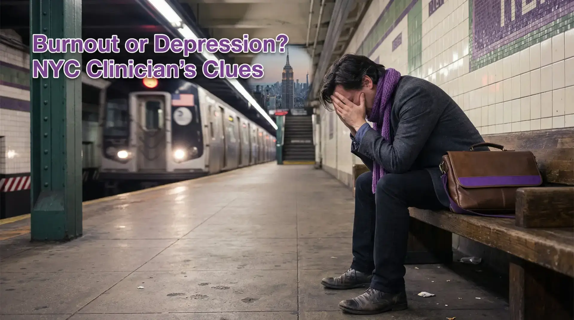 Burnout or depression :a professional sits exhausted at a desk in a Midtown Manhattan office, conveying the mental weight of chronic work stress
