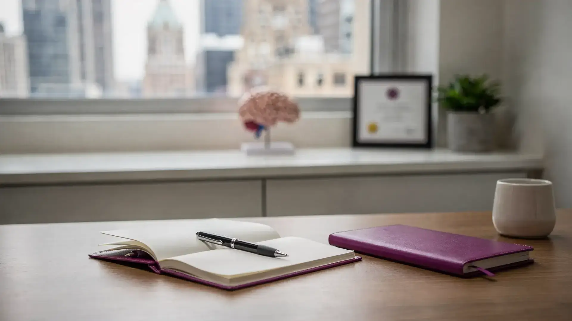 A calm Midtown Manhattan clinic office scene with a clinician’s notepad, a simple brain model on a shelf, and a window view suggesting NYC buildings in the distance, conveying a professional mental health evaluation setting.