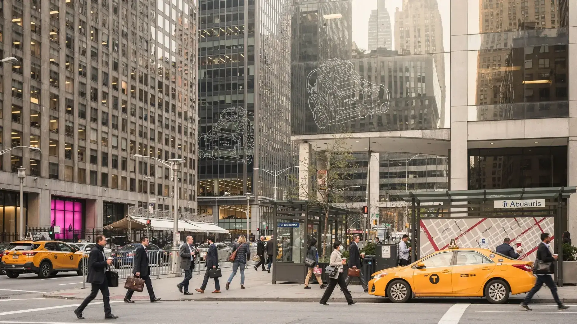 A simple NYC neighborhood scene showing an office building area in Midtown Manhattan near Bryant Park and Grand Central, with subtle map-like landmarks and pedestrians walking along a city sidewalk.