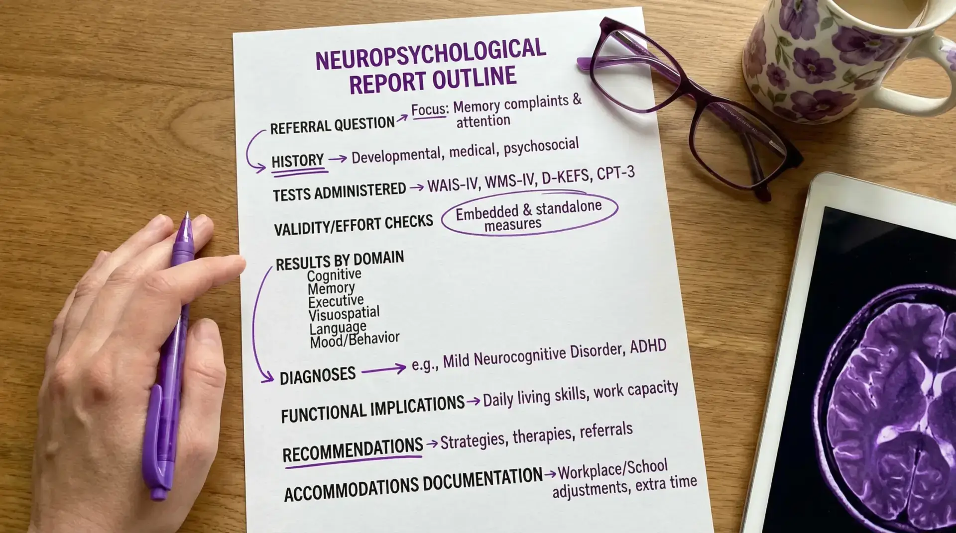 A simplified annotated outline of a neuropsychological report showing key sections: referral question, history, tests administered, validity/effort checks, results by domain, diagnoses, functional implications, recommendations, and accommodations documentation.
