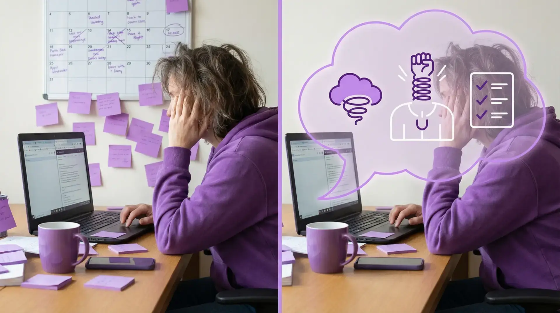 A split illustration showing an adult at a desk: on the left, scattered sticky notes, open tabs, and a messy calendar representing ADHD-related disorganization; on the right, a thought bubble filled with worry symbols, a tight chest icon, and a checklist representing anxiety-driven rumination.