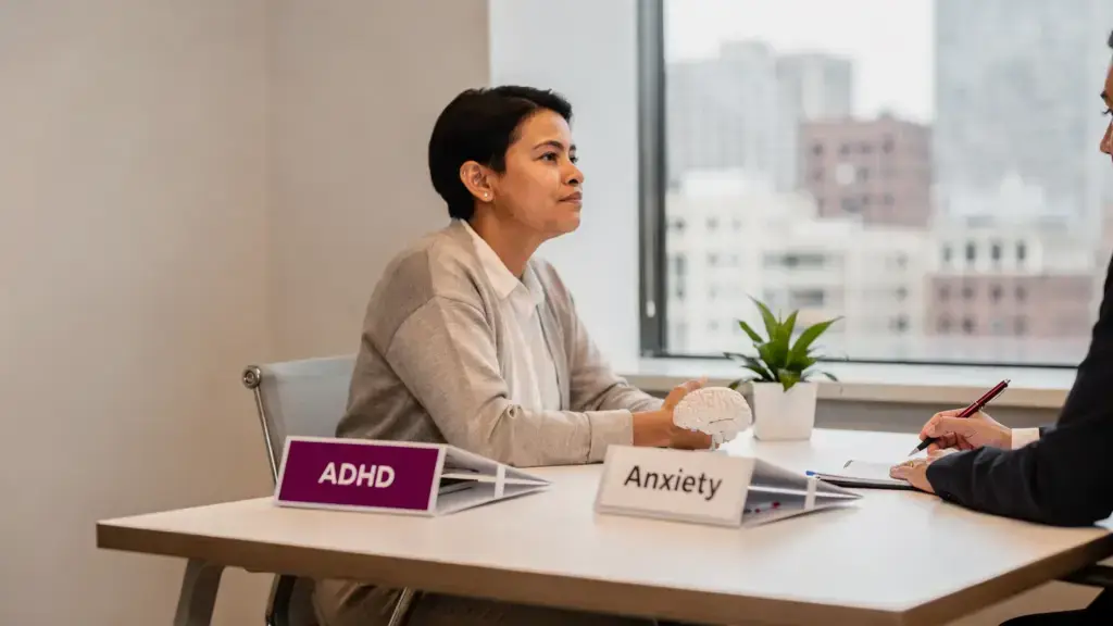 ADHD vs anxiety in adults showing overlapping symptoms like difficulty focusing, worry, and feeling overwhelmed