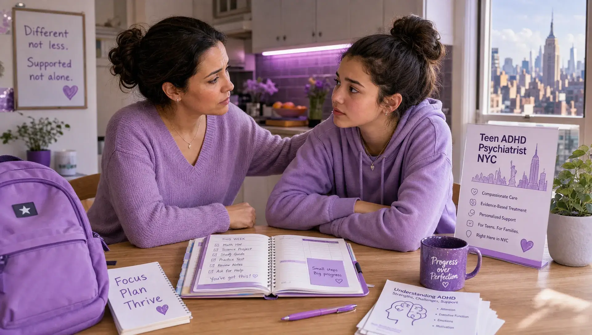 A concerned NYC parent and teenager sit at a kitchen table with school papers, a planner, and a backpack, suggesting a supportive conversation about teen ADHD psychiatrist NYC care rather than blame.
