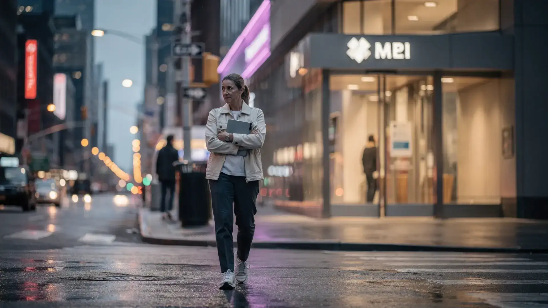 A quiet Midtown Manhattan street scene near a medical office building at dusk, with a person walking calmly holding a notebook, suggesting seeking help for high-functioning anxiety and perfectionism.