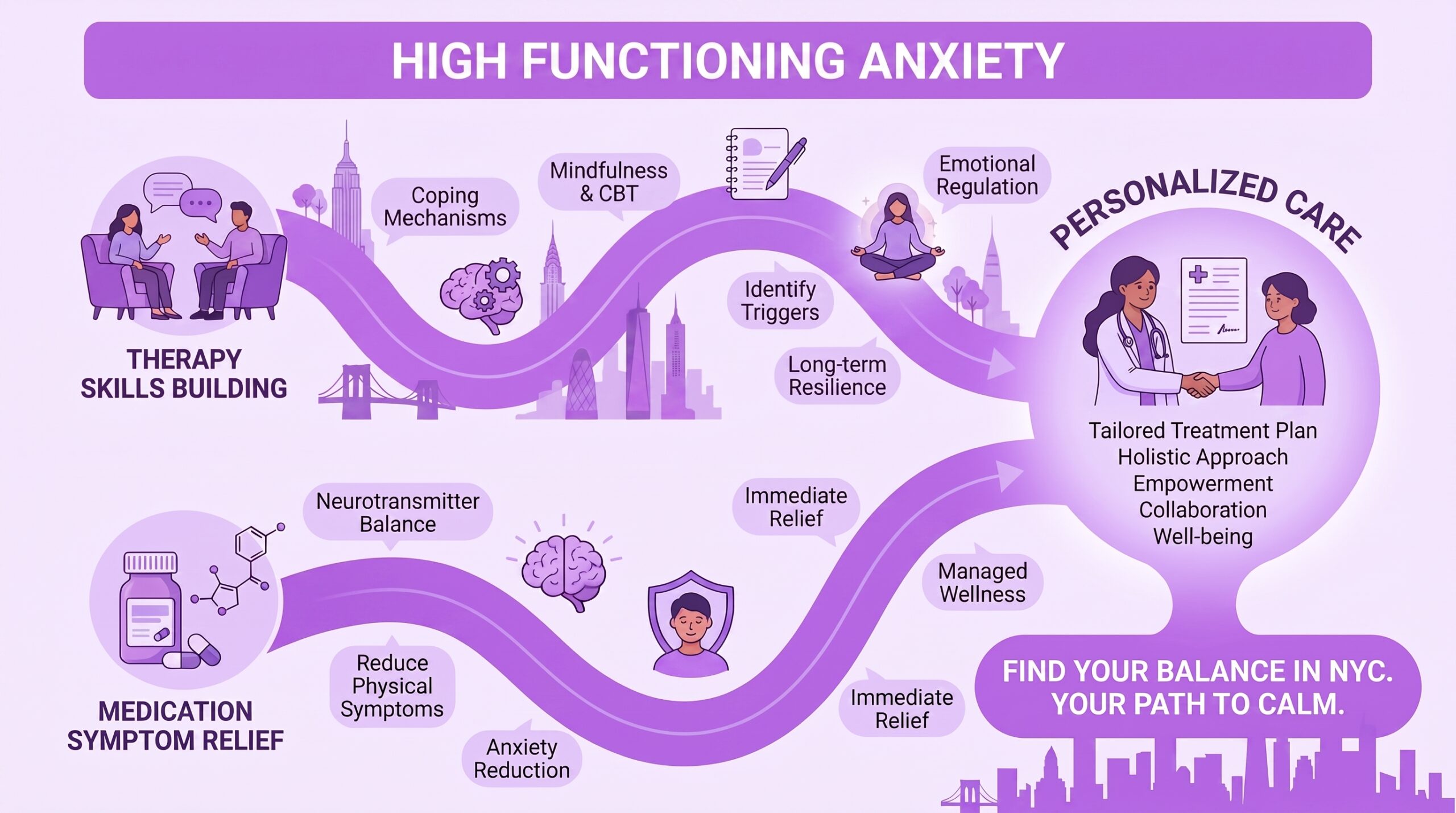 High-functioning anxiety and perfectionism infographic showing two paths, perfectionistic overcontrol and anxiety symptoms, converging into personalized care, with NYC skyline elements and a calm, patient-centered tone.