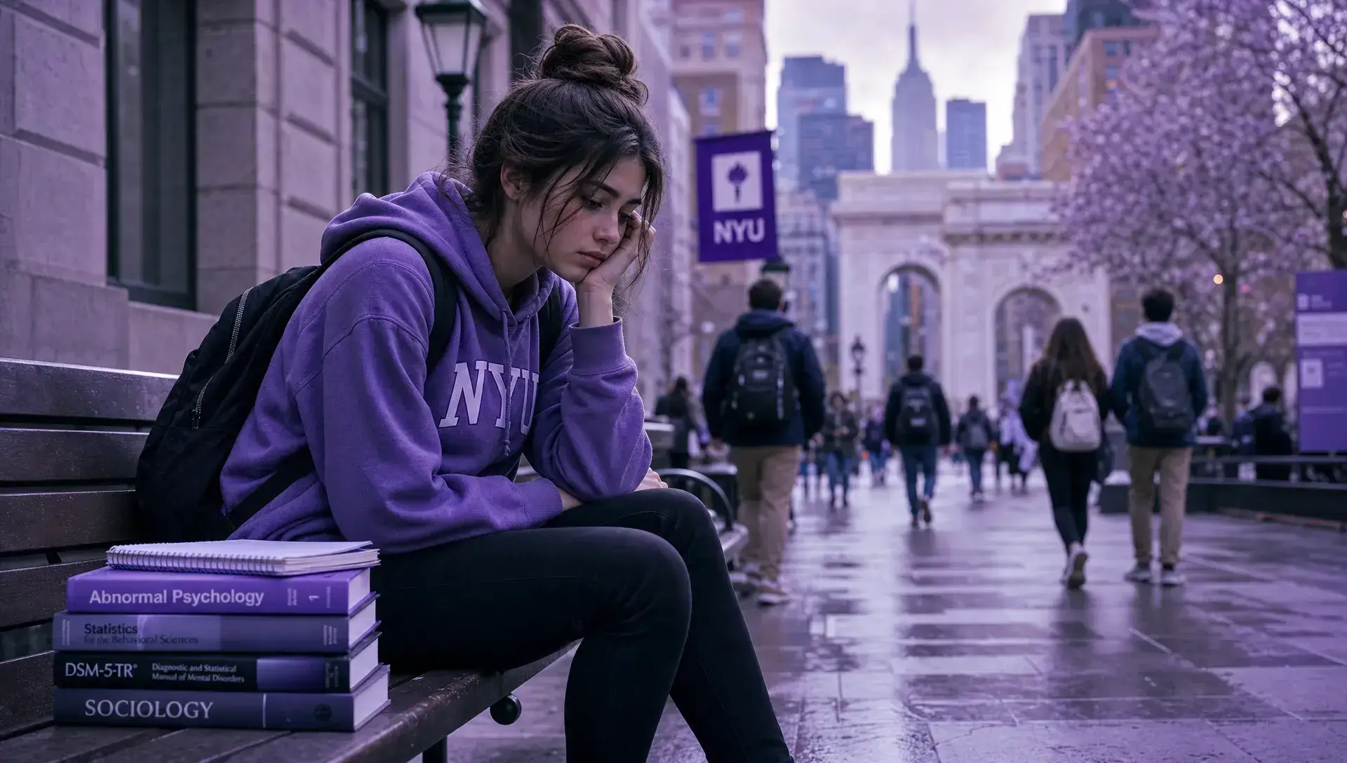 A college student sitting alone on a quiet bench near a busy New York City campus walkway, looking tired but thoughtful, with books beside them and city buildings in the background, representing anxiety and depression in college.
