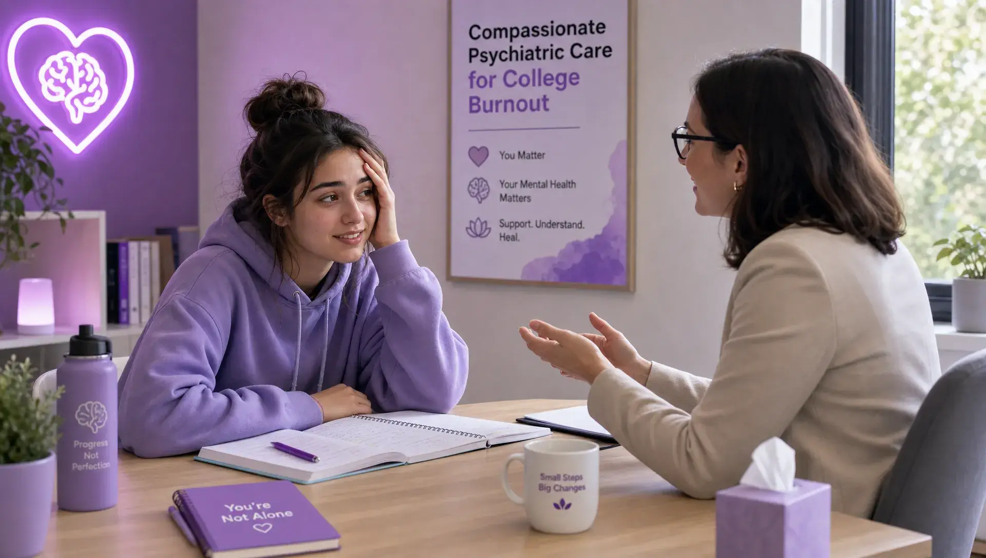 A gifted college student sitting at a quiet desk with notebooks open, looking tired but relieved while speaking with a compassionate clinician, representing psychiatric care for college burnout.