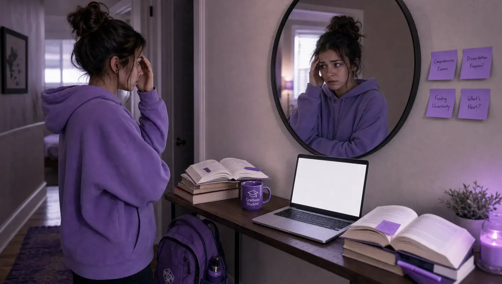 A graduate student stands near a hallway mirror with open books on a narrow table, a backpack nearby, and a laptop on the desk with the screen facing the camera and nothing displayed behind it, capturing graduate school anxiety during a major life transition.
