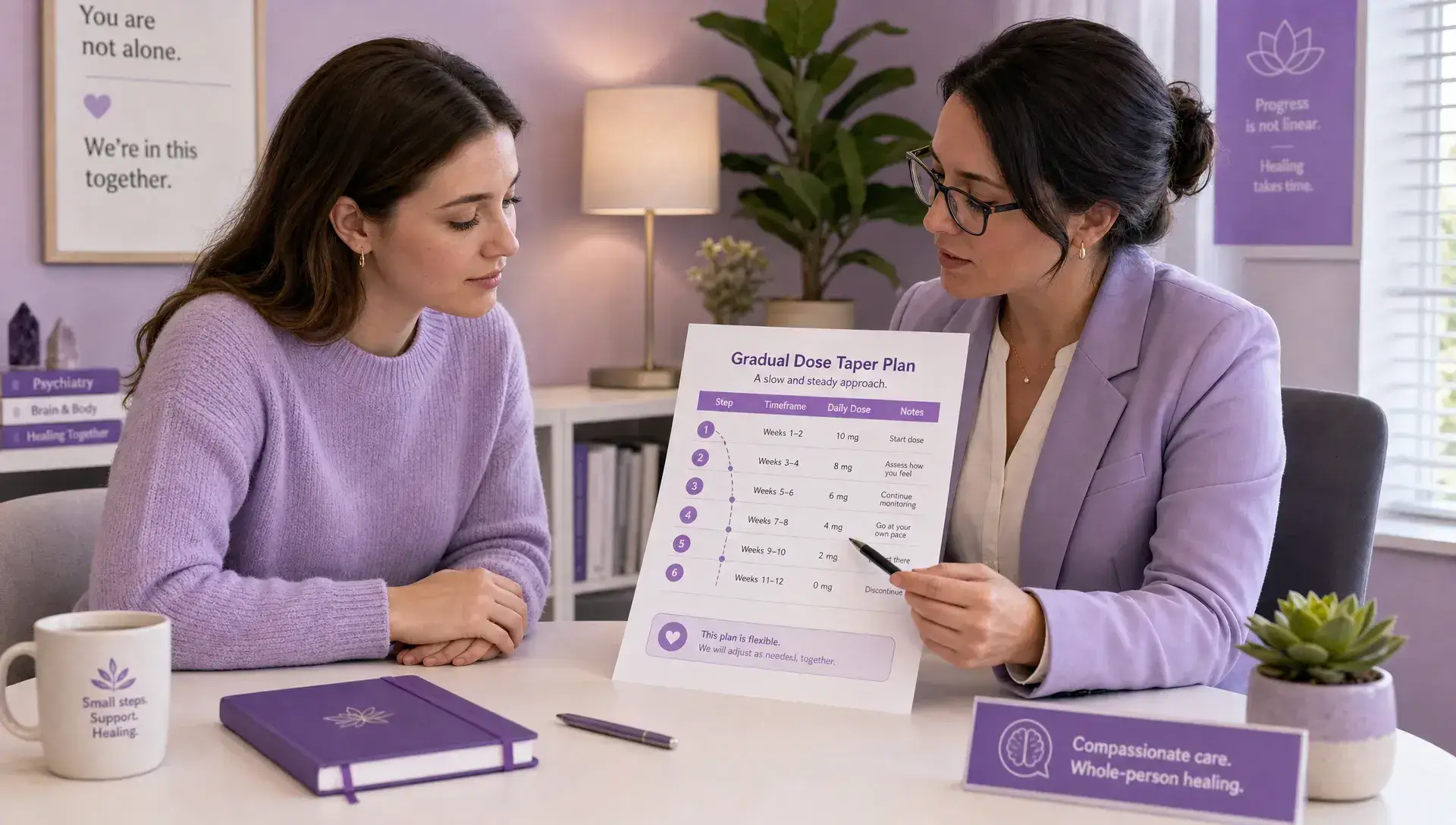 A patient and psychiatrist reviewing a gradual dose timeline on paper during a calm medication taper conversation in a consultation room.