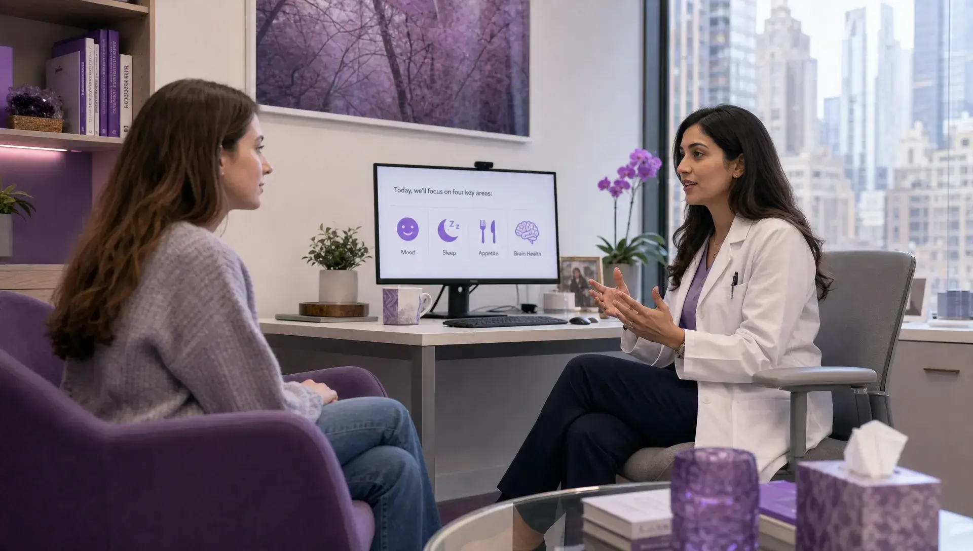 A calm Midtown Manhattan consultation room where a patient and psychiatrist discuss mood, sleep, appetite, and brain health in a supportive setting.
