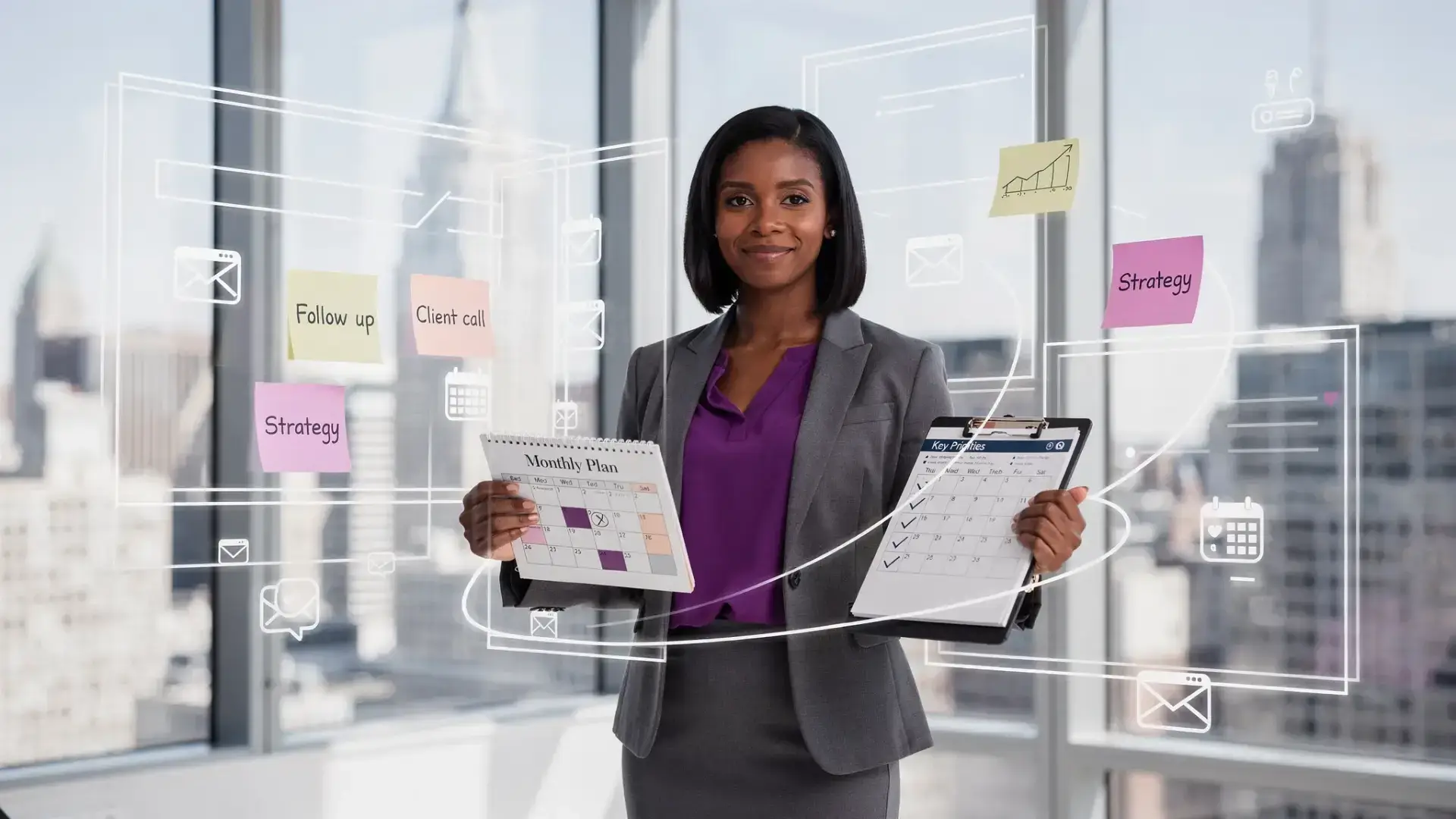 An illustrated scene of a confident woman executive in a Midtown Manhattan office holding a calendar and a checklist, with subtle visual metaphors around her like sticky notes, email icons, and a calm supportive “scaffolding” structure showing organization tools around her.