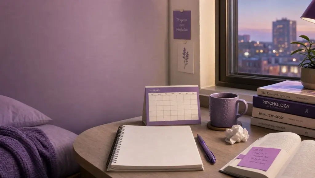 A notebook, calendar, and cold mug on a dorm desk suggest chronic stress in college and graduate school.