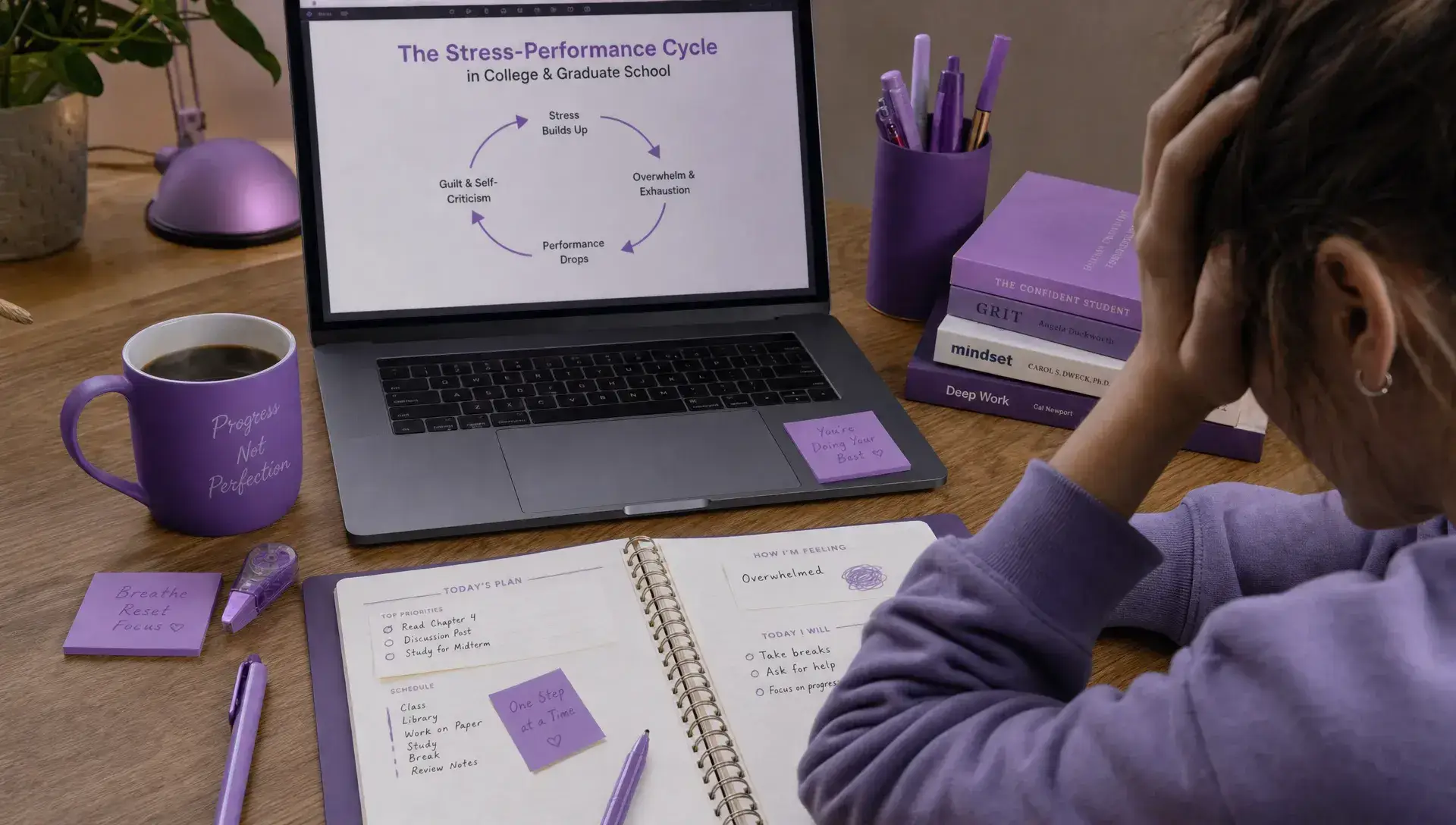 A student’s planner, laptop, and coffee on a desk show the stress-performance cycle of chronic stress in college and graduate school.